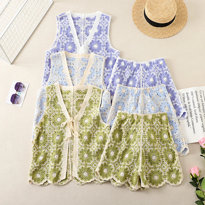 Women's boho outfit for women, lace set in blue and green, perfect for summer