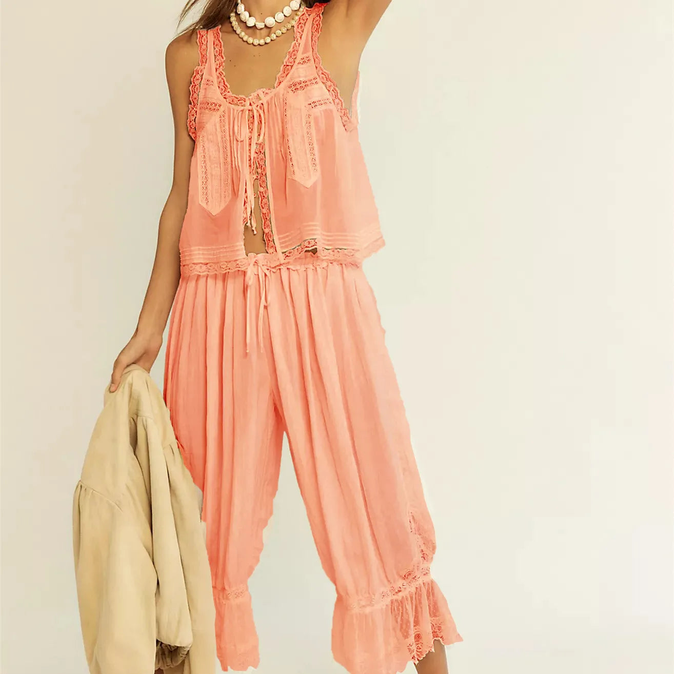 Coral boho outfit for women, lightweight fabric, perfect for summer