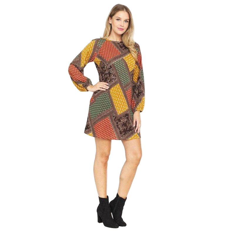 Stylish boho patchwork mini dress for women by EG fashion, featuring vibrant colors and a relaxed fit
