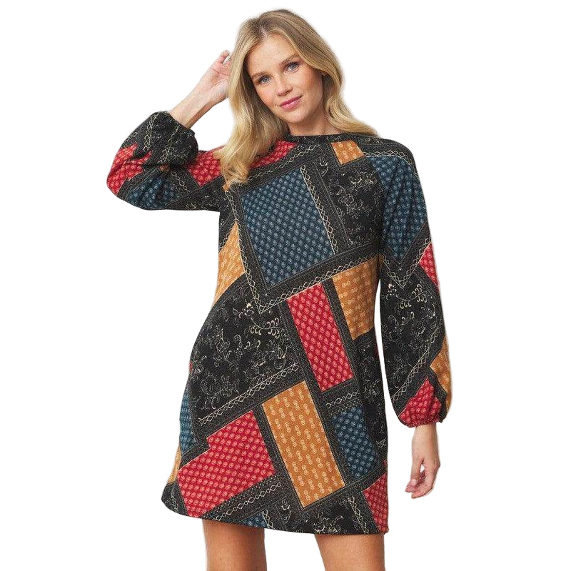 EG Fashion boho patchwork mini dress for women featuring colorful patterned fabric and stylish puff sleeves