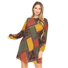 Boho patchwork mini dress for women in vibrant colors with long sleeves and a relaxed fit
