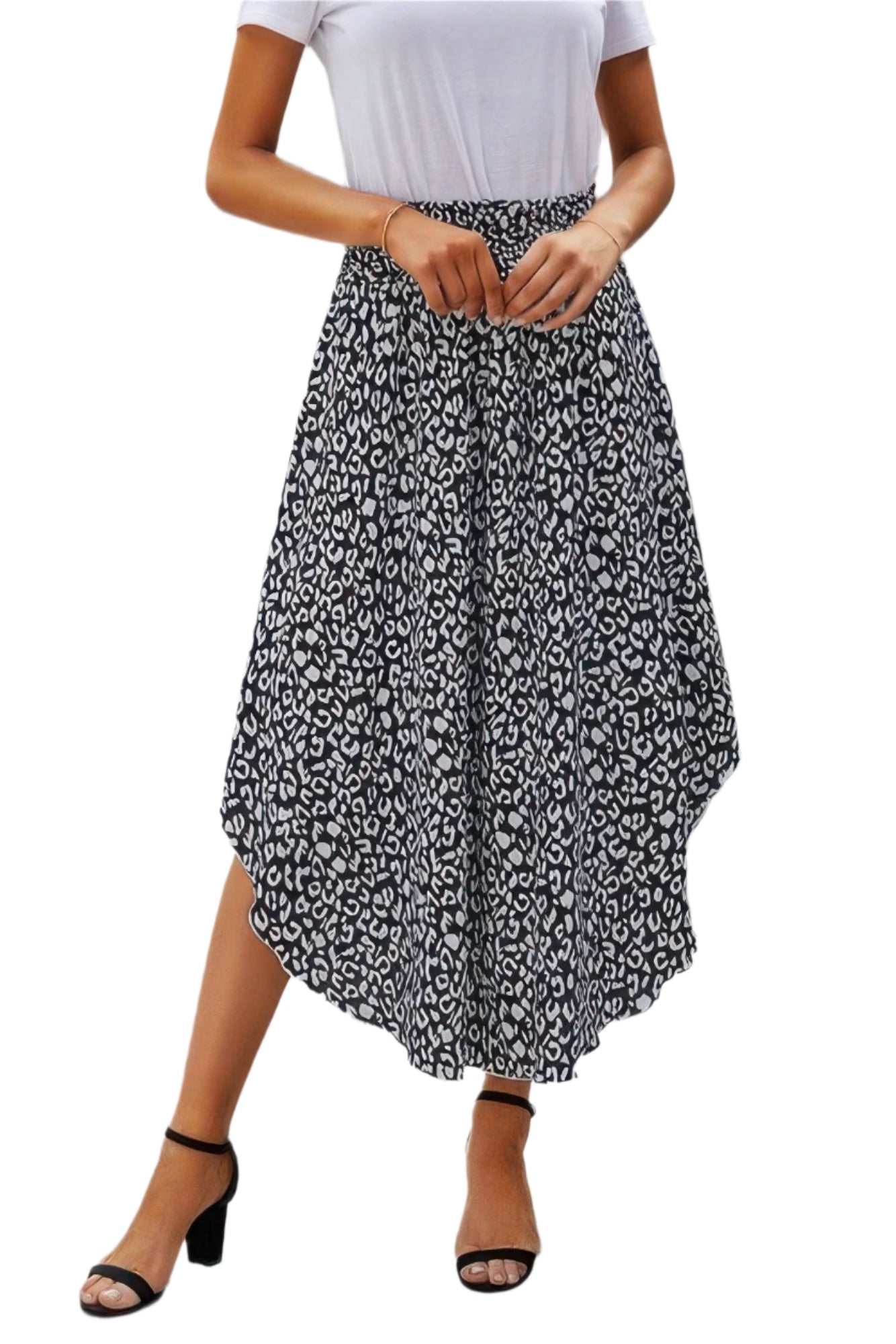 VacationGrabs women's boho print flowy skirt in black and white with an asymmetrical hem
