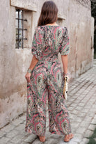 Stylish boho print jumpsuit for women with vibrant paisley pattern and wide leg design