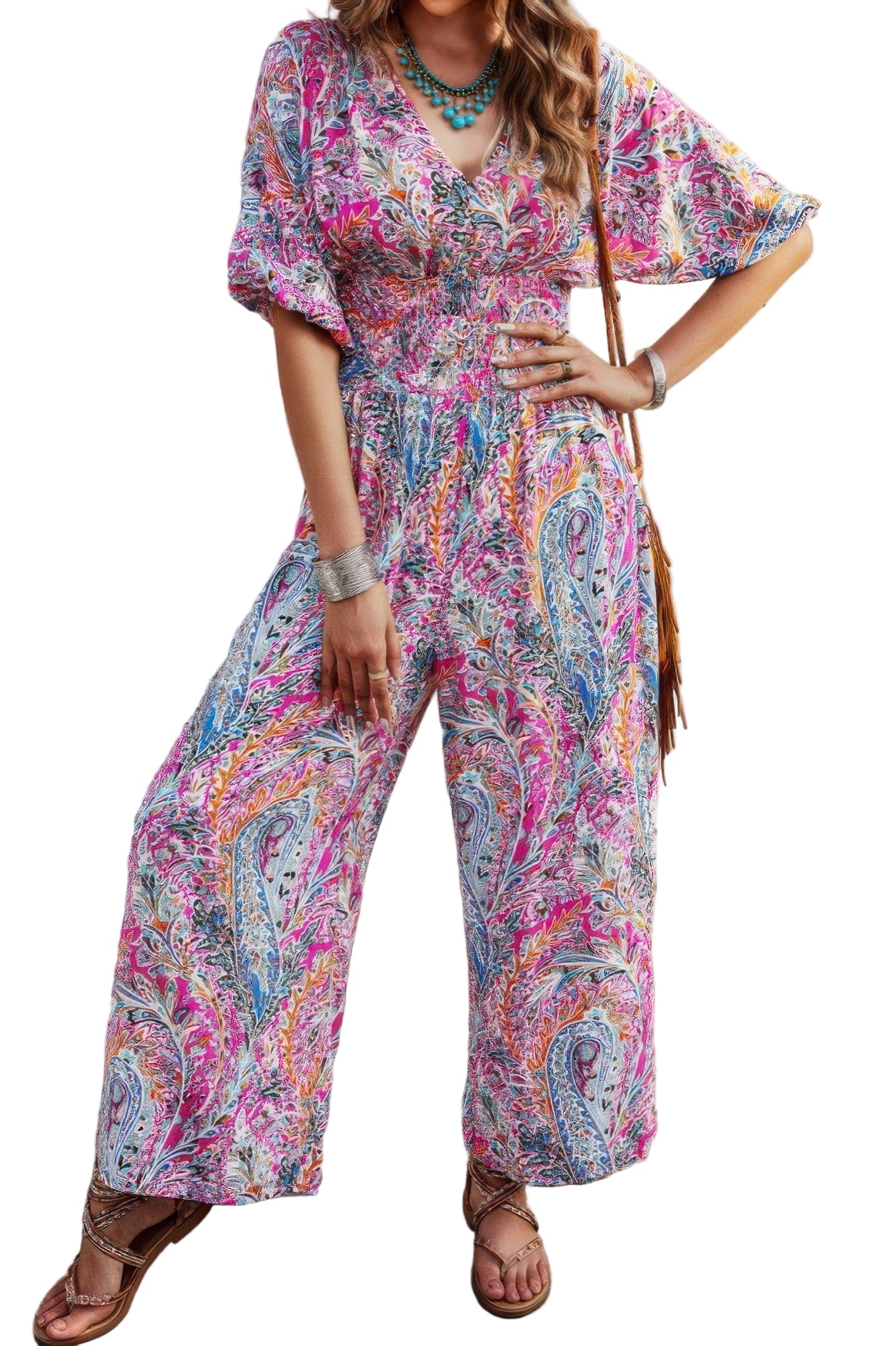 Colorful boho print jumpsuit for women featuring a flattering V-neck and wide-leg design