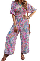 Colorful boho print jumpsuit for women featuring a flattering V-neck and wide-leg design