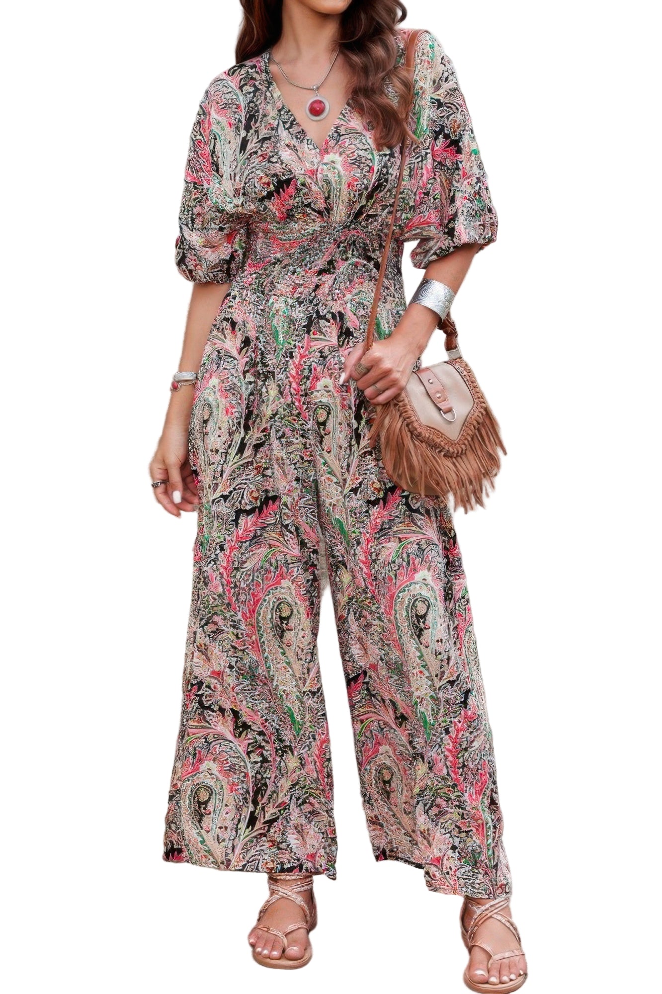 VacationGrabs boho print jumpsuit for women featuring a stylish floral design and wide-leg silhouette