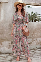 Stylish boho print jumpsuit for women with a v-neckline and wide sleeves, perfect for summer outings