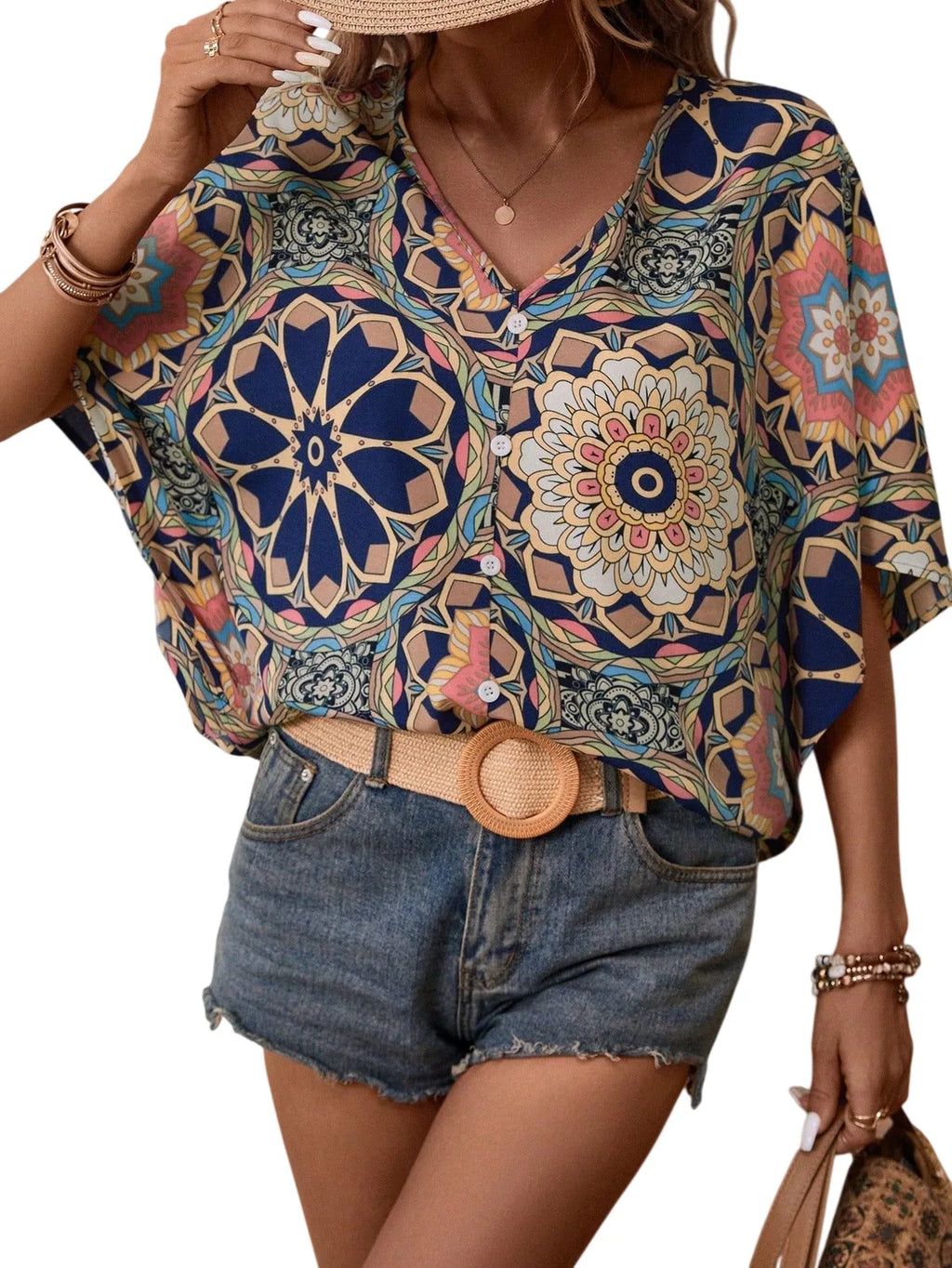 Boho Print V-Neck Short Sleeve Top – Summer Casual