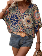 Boho Print V-Neck Short Sleeve Top – Summer Casual