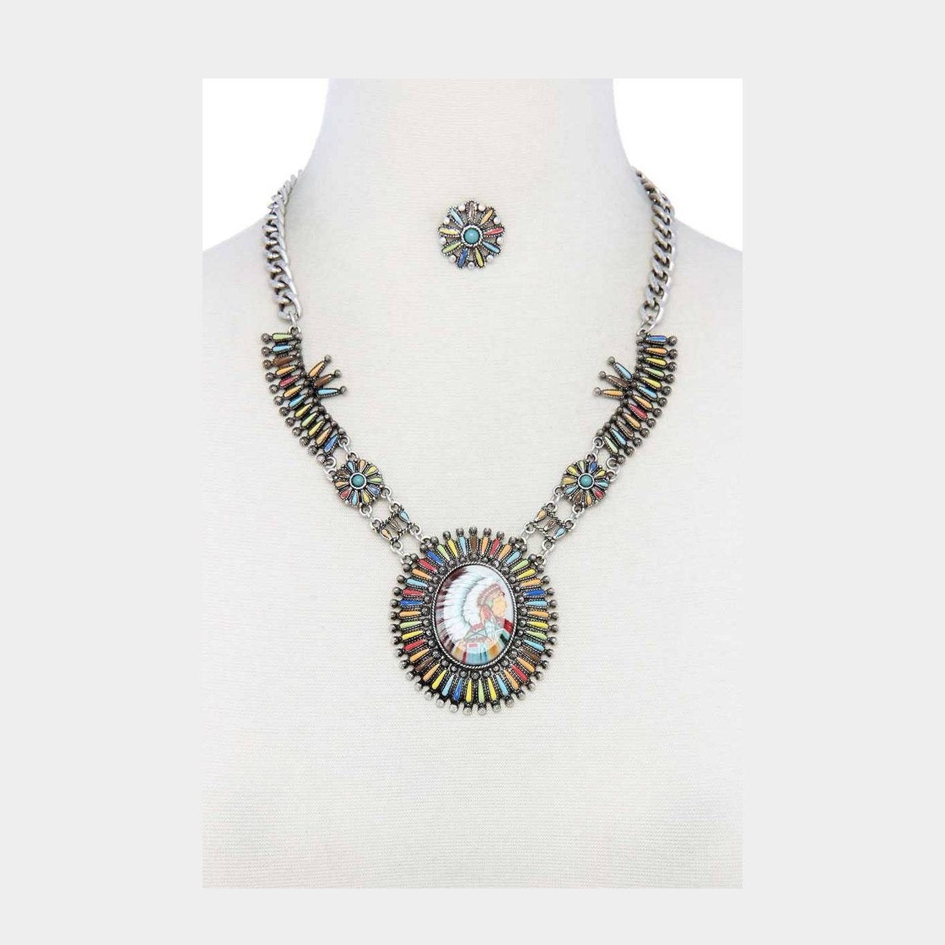 Colorful boho statement necklace for women with matching earrings, perfect for any outfit