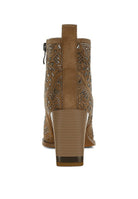 Rag Company boho studded ankle boots in tan with intricate cutout design and chunky heel