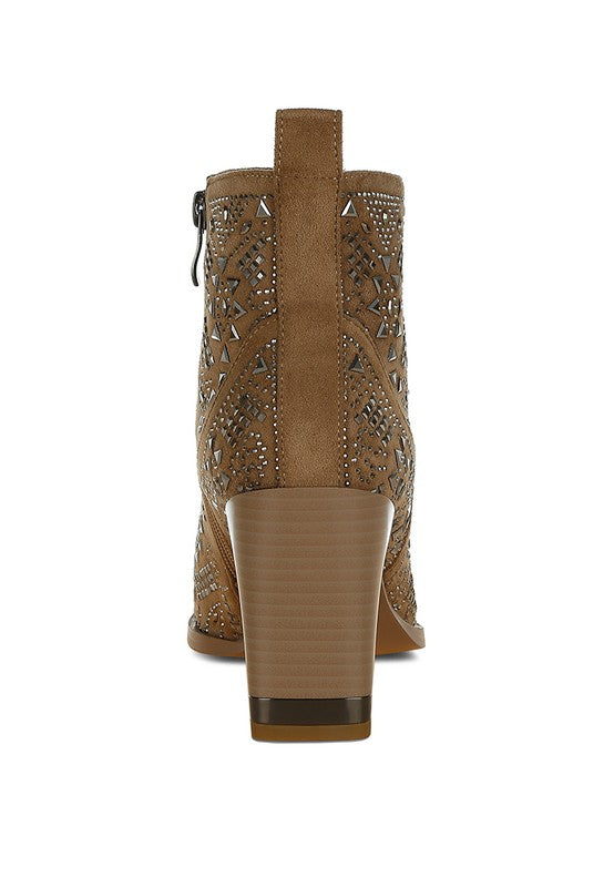 Rag Company boho studded ankle boots in tan with intricate cutout design and chunky heel