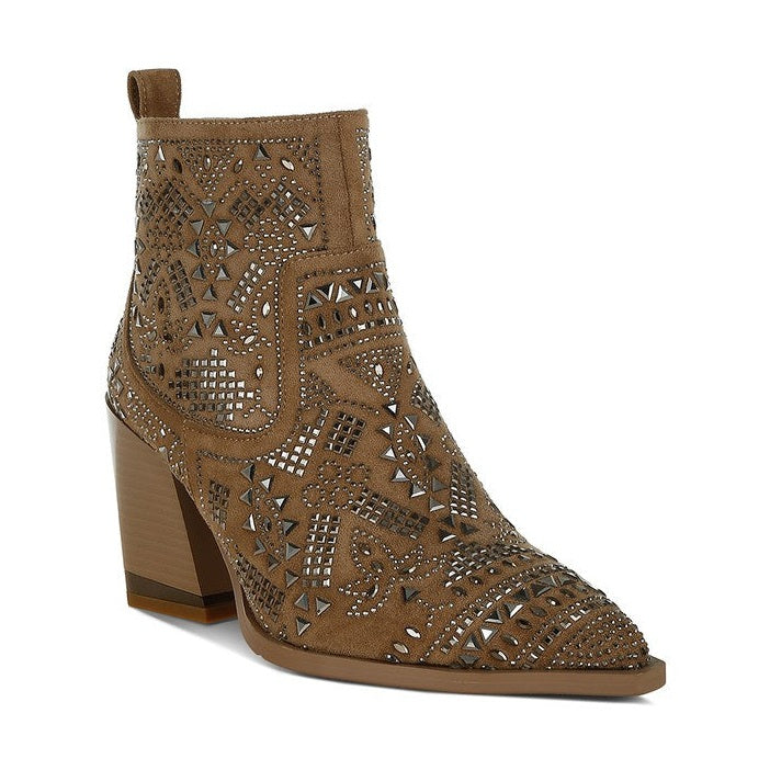 Rag Company boho studded ankle boots in brown with intricate studded design and stylish heel