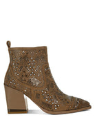 Rag Company boho studded ankle boots in brown with intricate detailing and block heel
