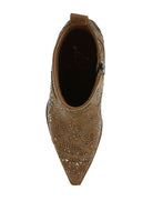 Top view of Rag Company boho studded ankle boots with intricate detailing and pointed toe design