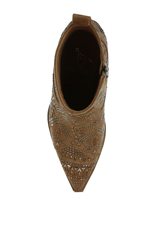 Top view of Rag Company boho studded ankle boots with intricate detailing and pointed toe design
