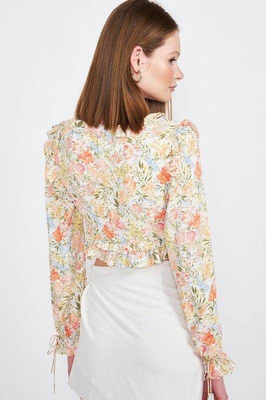 Emory Park Women's Boho Style Crop Top with Floral Design and Long Sleeves