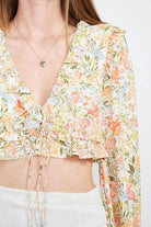 Emory Park Floral Boho Style Crop Top with Ruffled Sleeves and Adjustable Ties