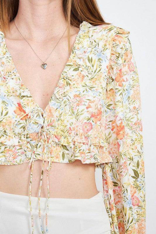 Emory Park Floral Boho Style Crop Top with Ruffled Sleeves and Adjustable Ties