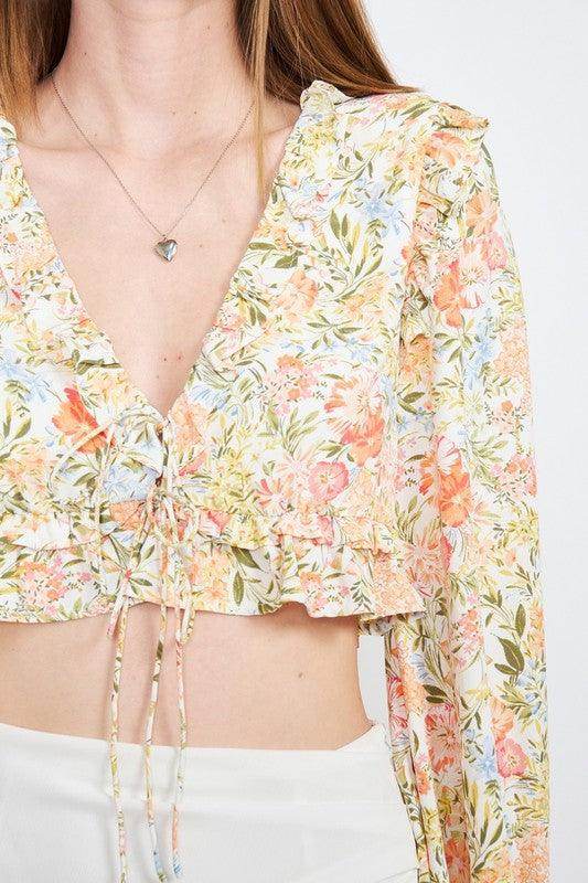 Emory Park Floral Boho Style Crop Top with Ruffled Sleeves and Adjustable Ties