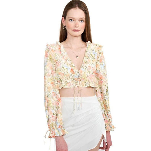 Emory Park boho style crop top with floral pattern and puffed sleeves for a trendy look