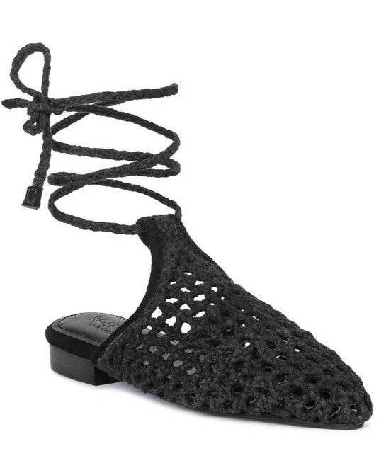 Rag Company boho style mule flats in black with stylish lace-up design and breathable material