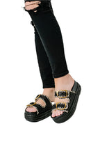 Women's boho style summer wedges sandals by Maker's Shoes with black woven platform and gold buckles