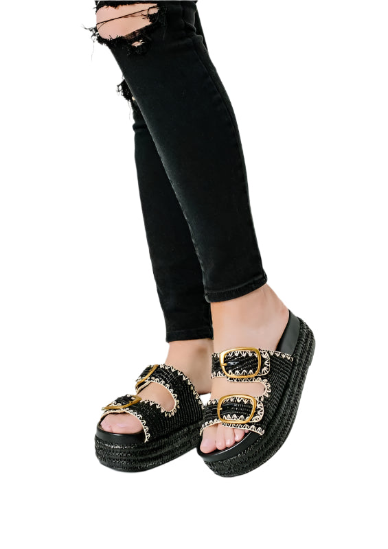 Women's boho style summer wedges sandals by Maker's Shoes with black woven platform and gold buckles