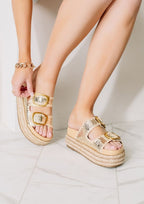 Maker's Shoes boho style summer wedges with metallic gold straps and platform sole for women