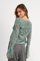 Emory Park Women's Boho Style Tie Blouse in Floral Pattern with Bell Sleeves
