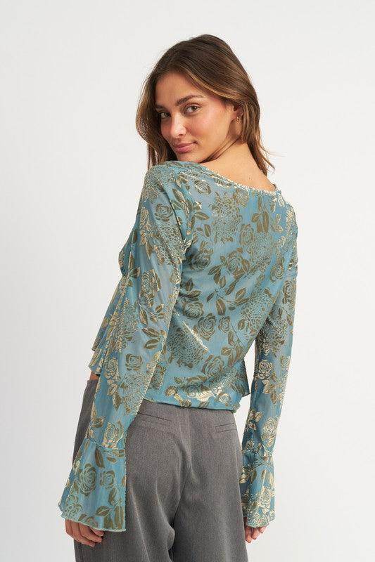 Emory Park Women's Boho Style Tie Blouse in Floral Pattern with Bell Sleeves