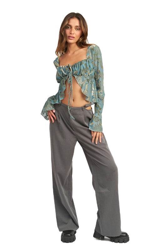 Emory Park Women's Cropped Top in Boho Style with Tie Blouse Design and Flowy Sleeves