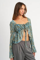 Emory Park women's cropped top in boho style with tie blouse design and flowing sleeves