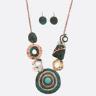 VacationGrabs unique round necklace set with turquoise copper mixed metal pendant and matching earrings