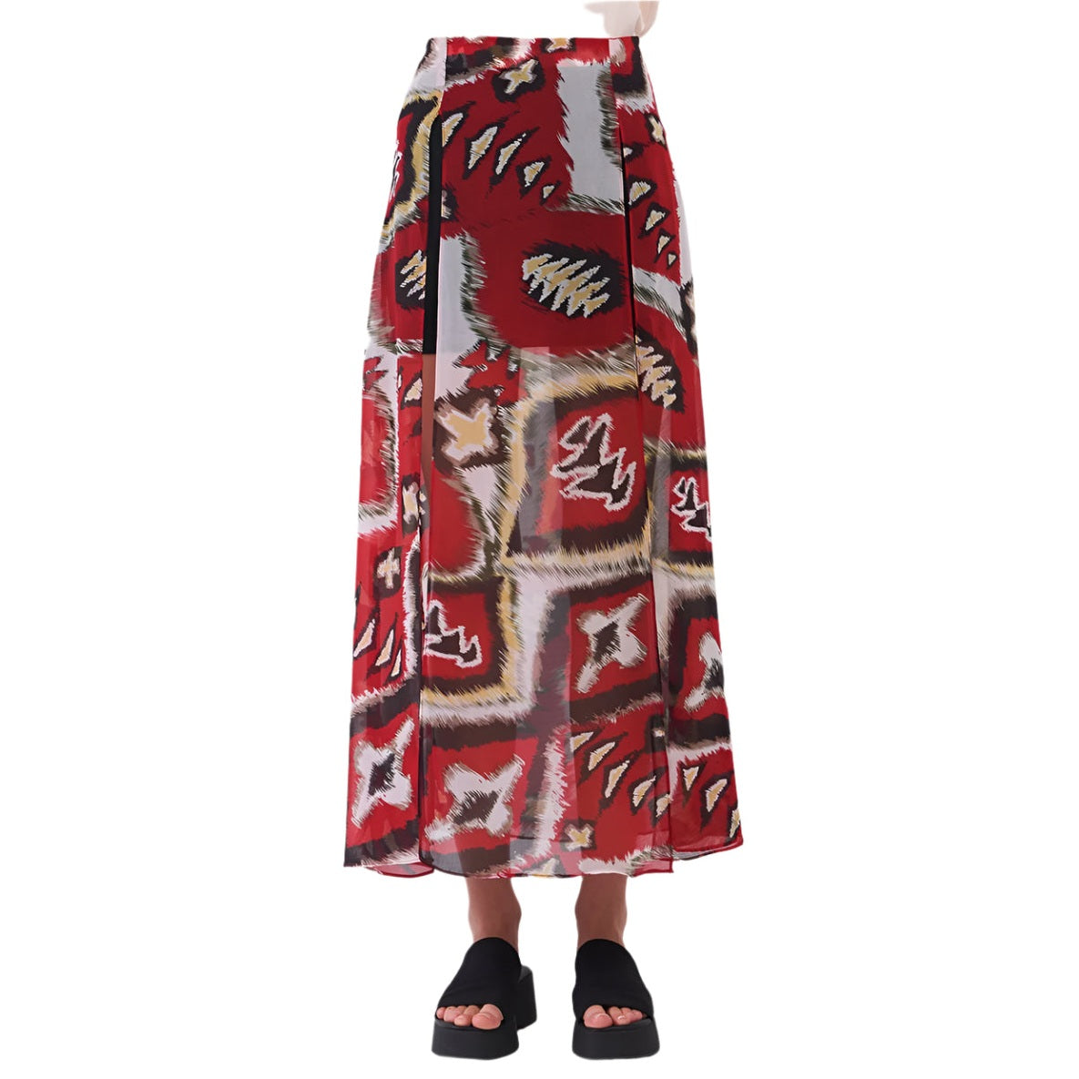 VacationGrabs boho vacation skirt for women with red and black abstract pattern and ankle length design