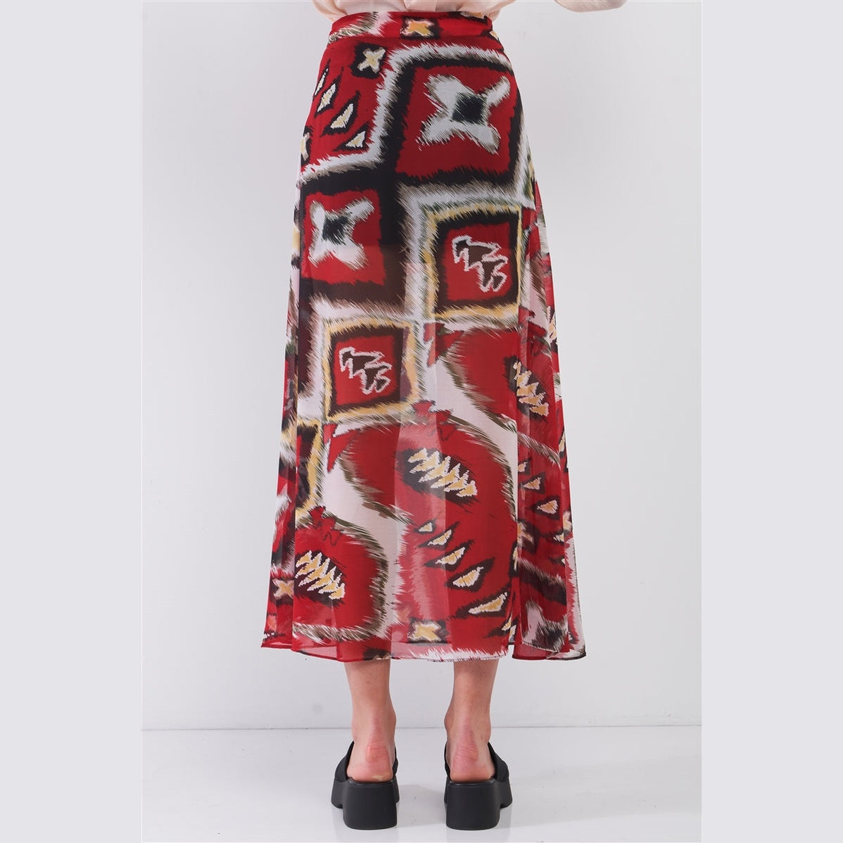 VacationGrabs boho vacation skirt for women in red with geometric patterns and flowy fabric