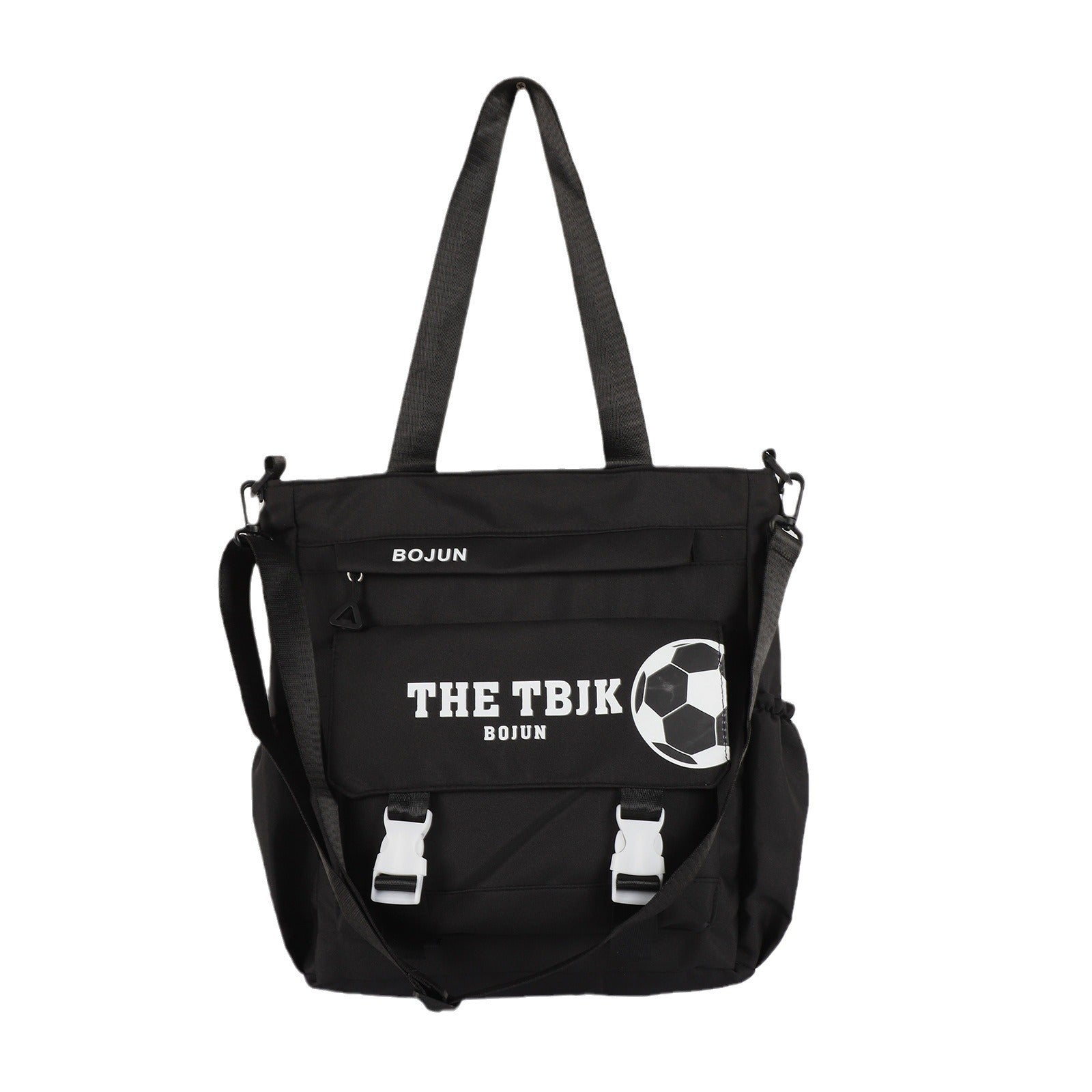 Black large capacity tote bag with adjustable straps and soccer ball graphic for versatile use