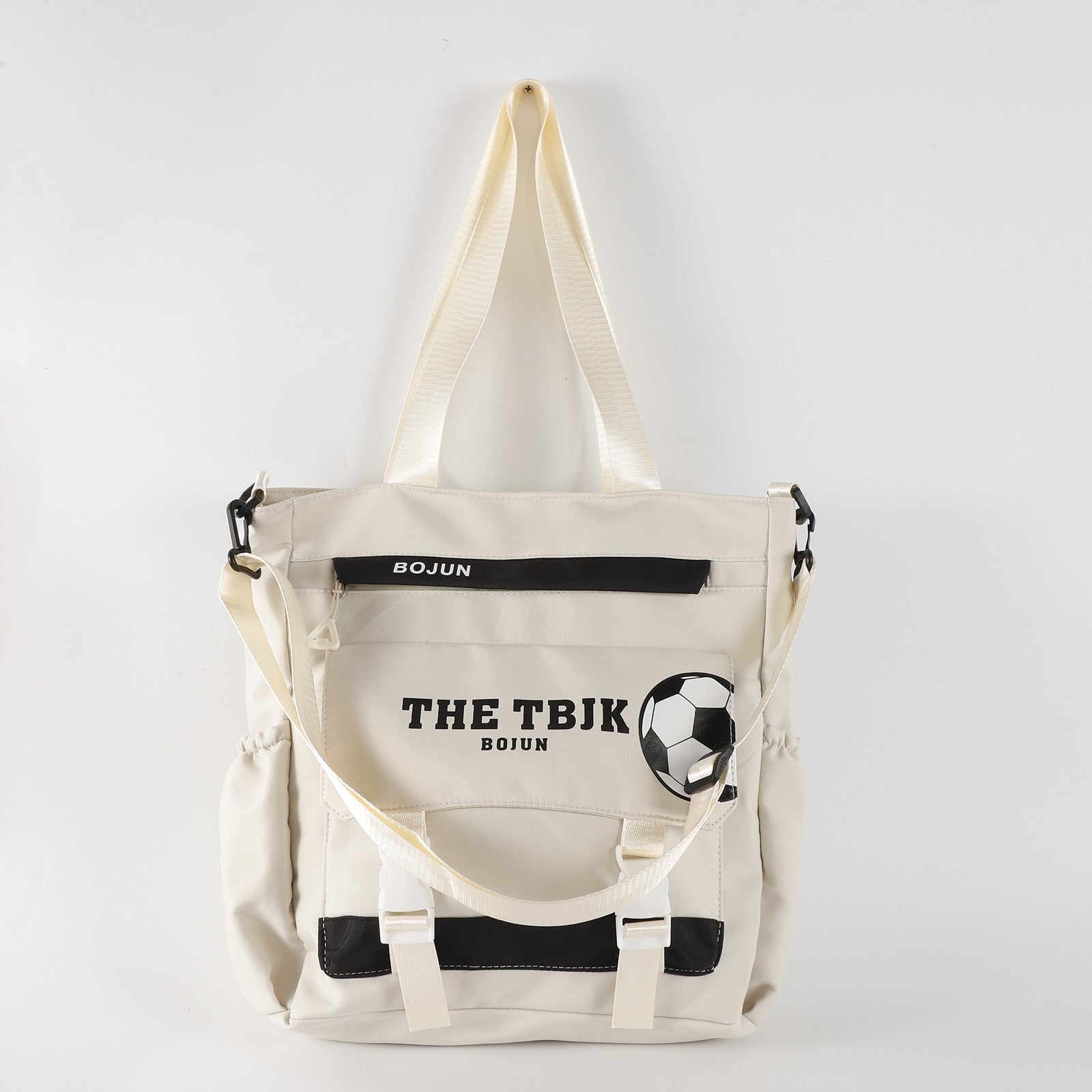SHOMICOBOUTIQUE large capacity tote bag in cream with soccer graphic and adjustable straps for everyday use