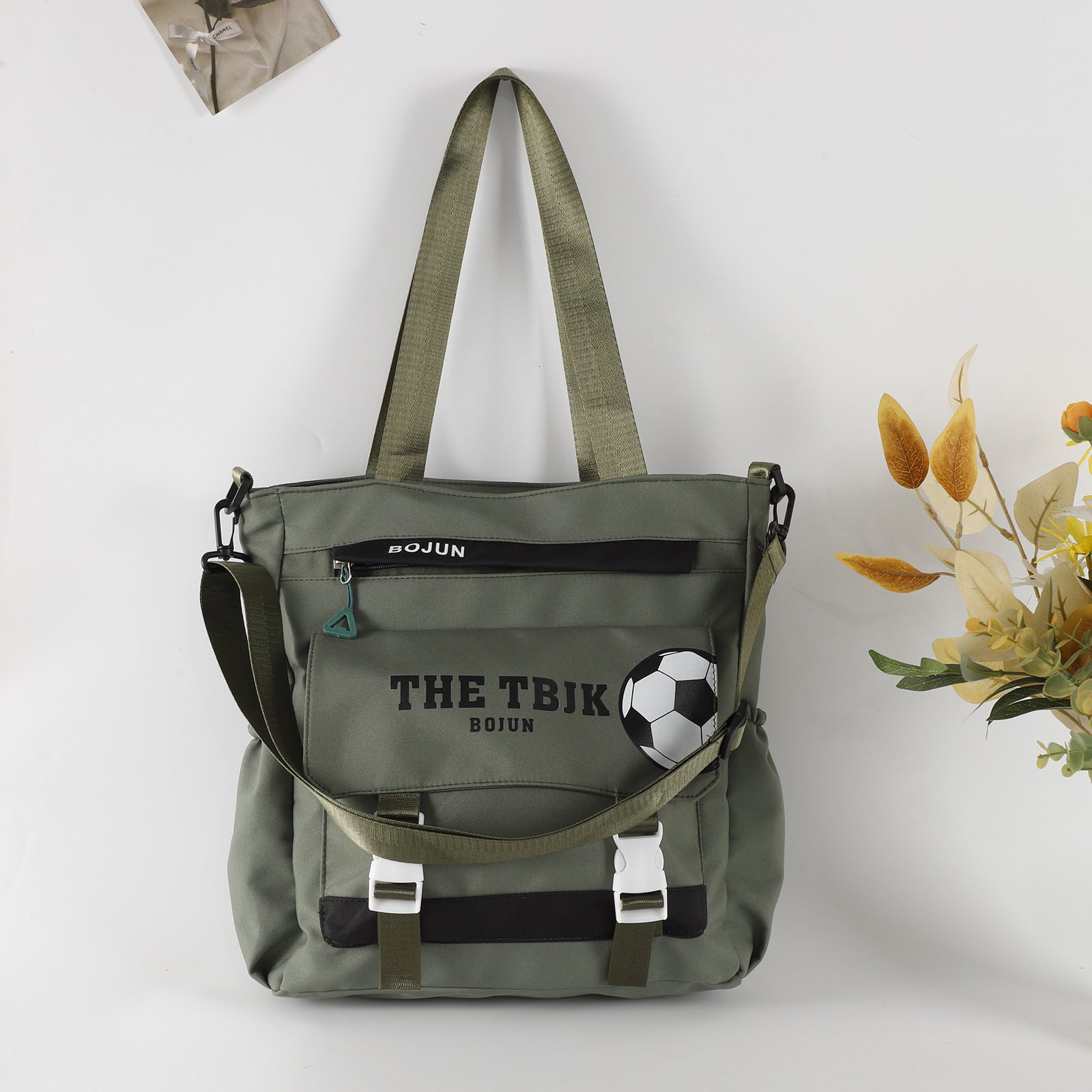 SHOMICOBOUTIQUE large capacity tote bag in green with soccer theme and adjustable straps