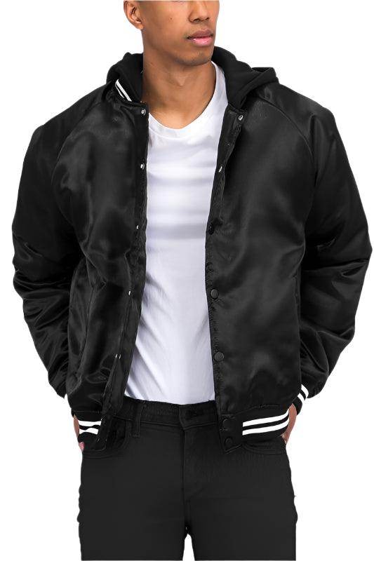 Men's black bomber jacket, satin material, casual wear