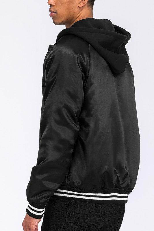 Men's black bomber jacket with hood, perfect for casual outings