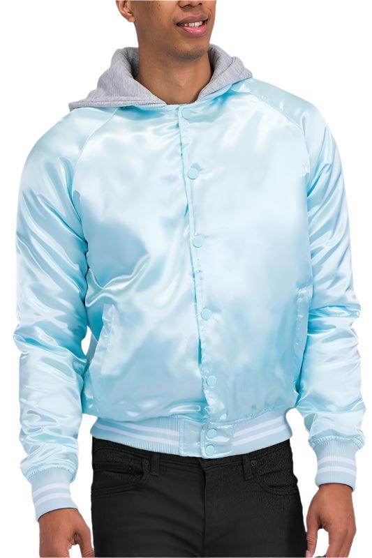 Men's light blue bomber jacket, satin fabric, casual wear