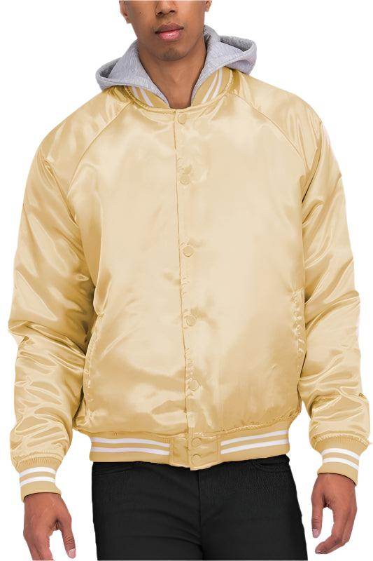 Men's gold satin bomber jacket with hood for stylish layering