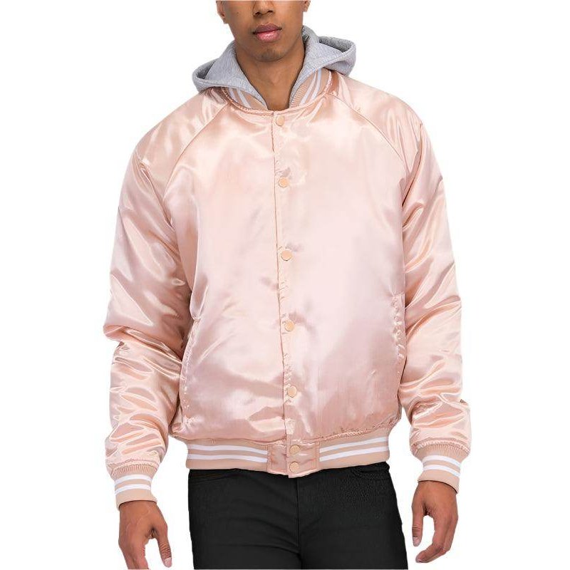 Men's pink satin bomber jacket with hood for casual outings