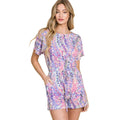BOMBOM Print Short Sleeve Romper with Pockets - VacationGrabs
