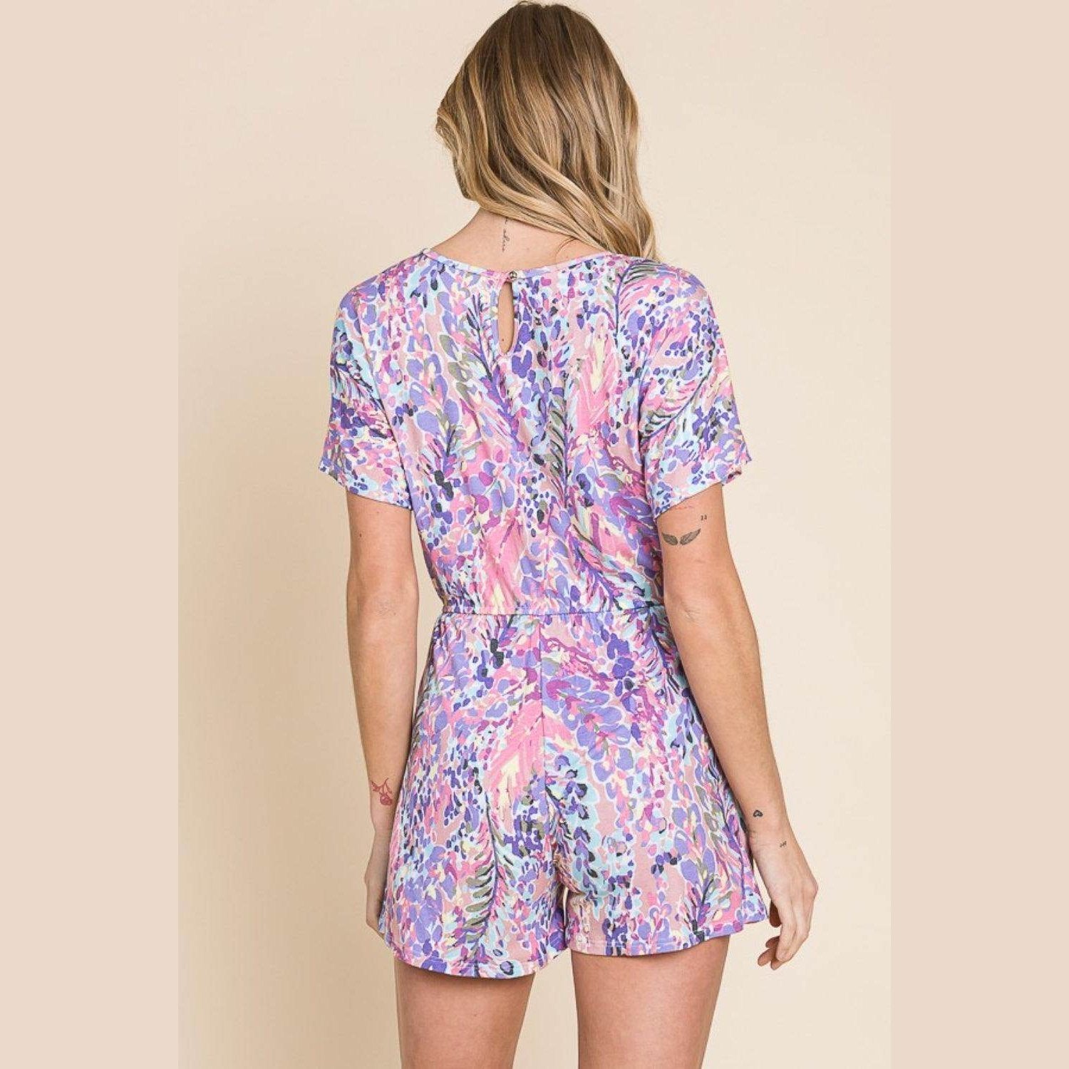 BOMBOM Print Short Sleeve Romper with Pockets - VacationGrabs