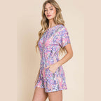 BOMBOM Print Short Sleeve Romper with Pockets - VacationGrabs