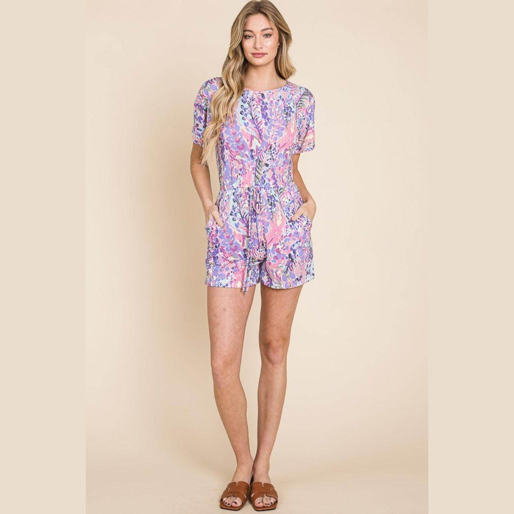 BOMBOM Print Short Sleeve Romper with Pockets - VacationGrabs