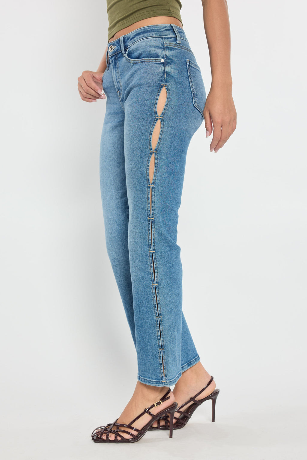 Women's bootcut jeans, blue denim with stylish side cutouts