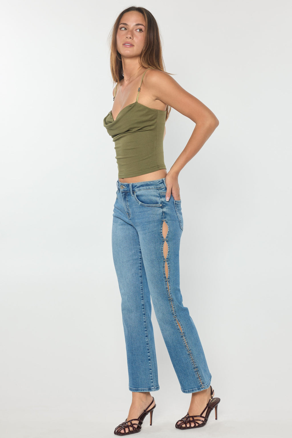Women's light blue bootcut jeans boots with side slits for a trendy look